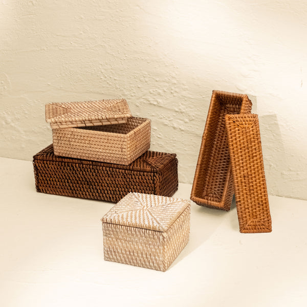 Small Wicker Basket with Lid | Shelf & Drawer Organizer for Home Storage - Coastal Villa Homeware