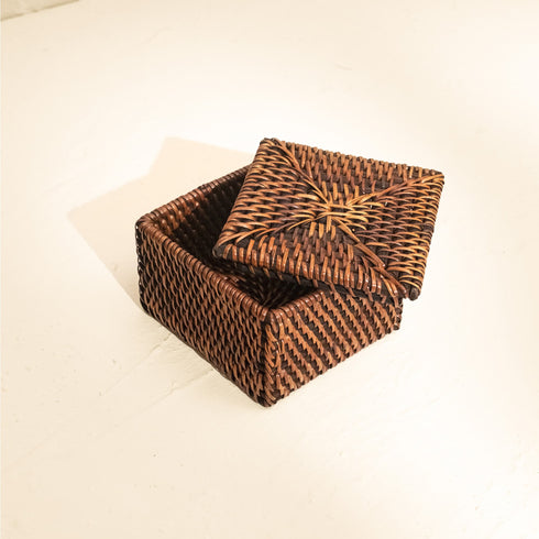 Small Wicker Basket with Lid | Shelf & Drawer Organizer for Home Storage - Coastal Villa Homeware