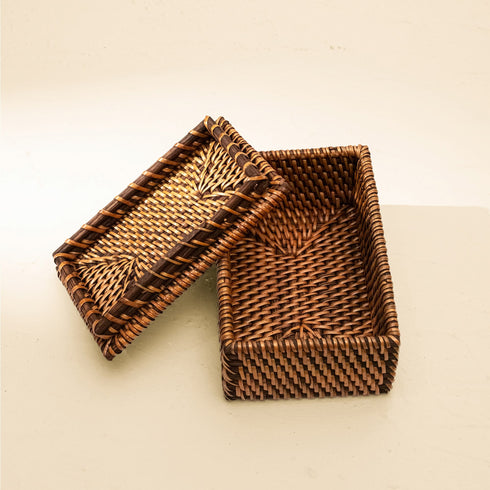Small Wicker Basket with Lid | Shelf & Drawer Organizer for Home Storage - Coastal Villa Homeware