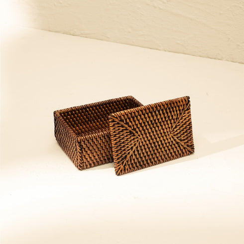 Small Wicker Basket with Lid | Shelf & Drawer Organizer for Home Storage - Coastal Villa Homeware