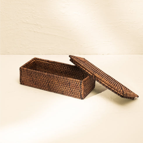 Small Wicker Basket with Lid | Shelf & Drawer Organizer for Home Storage - Coastal Villa Homeware