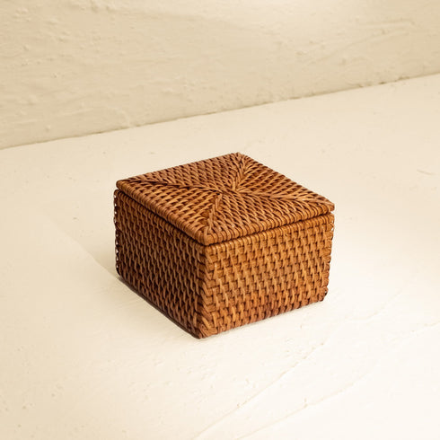Small Wicker Basket with Lid | Shelf & Drawer Organizer for Home Storage - Coastal Villa Homeware