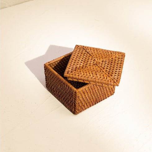 Small Wicker Basket with Lid | Shelf & Drawer Organizer for Home Storage - Coastal Villa Homeware