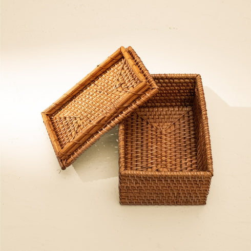 Small Wicker Basket with Lid | Shelf & Drawer Organizer for Home Storage - Coastal Villa Homeware