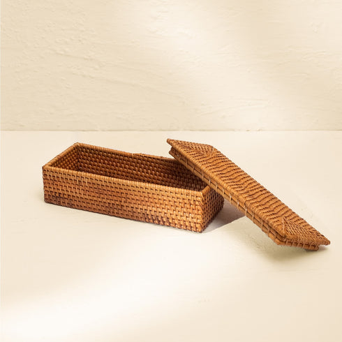 Small Wicker Basket with Lid | Shelf & Drawer Organizer for Home Storage - Coastal Villa Homeware