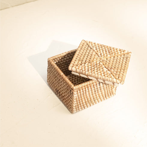 Small Wicker Basket with Lid | Shelf & Drawer Organizer for Home Storage - Coastal Villa Homeware