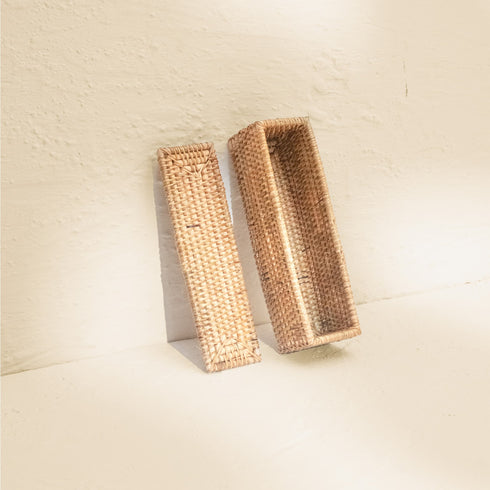 Small Wicker Basket with Lid | Shelf & Drawer Organizer for Home Storage - Coastal Villa Homeware