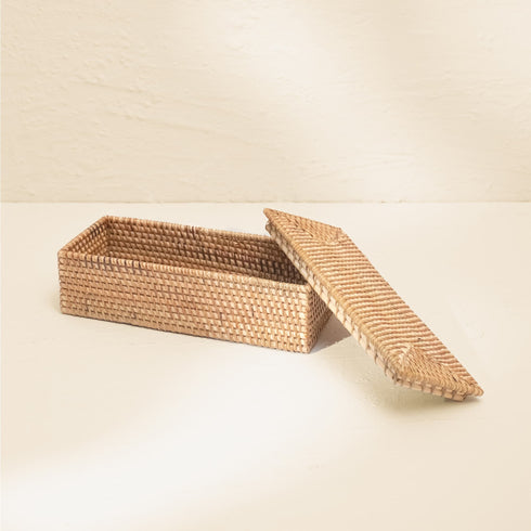 Small Wicker Basket with Lid | Shelf & Drawer Organizer for Home Storage - Coastal Villa Homeware