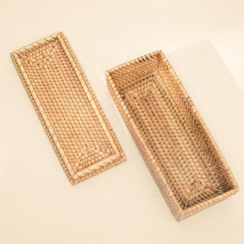 Small Wicker Basket with Lid | Shelf & Drawer Organizer for Home Storage - Coastal Villa Homeware