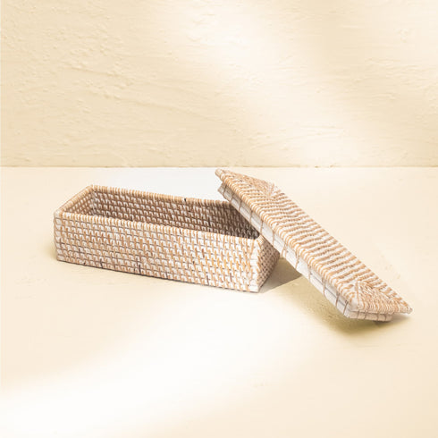 Small Wicker Basket with Lid | Shelf & Drawer Organizer for Home Storage - Coastal Villa Homeware