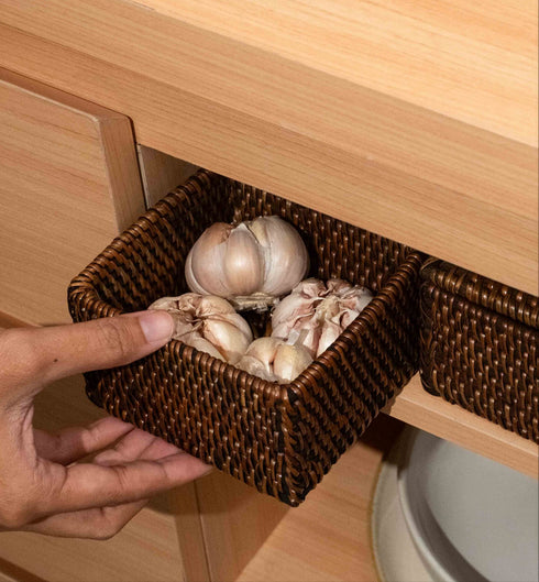 Small Wicker Basket with Lid | Shelf & Drawer Organizer for Home Storage - Coastal Villa Homeware