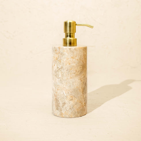 Beige marble soap dispenser with Ti gold metal pump