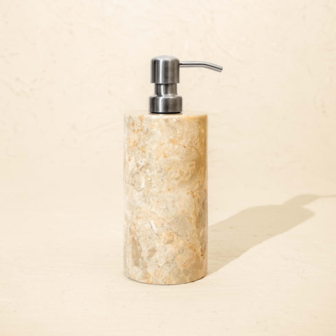 Beige marble soap dispenser with satin brushed silver metal pump