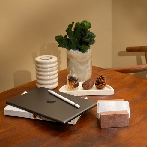 Beige marble business card holder desk accessory genuine stone