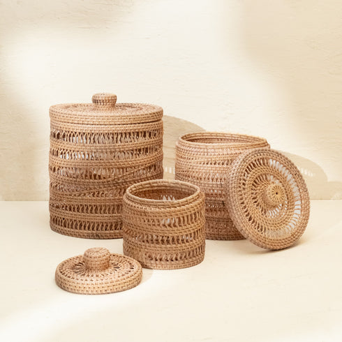 Rattan Spiral Canister Basket in 3 sizes - Coastal Villa Homeware