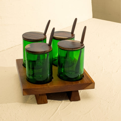 Condiment Containers with Wood Lids and Wooden Tray - Coastal Villa Homeware