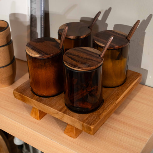 Condiment Containers with Wood Lids and Wooden Tray - Coastal Villa Homeware