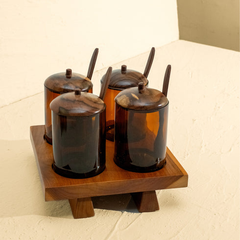 Condiment Containers with Wood Lids and Wooden Tray - Coastal Villa Homeware