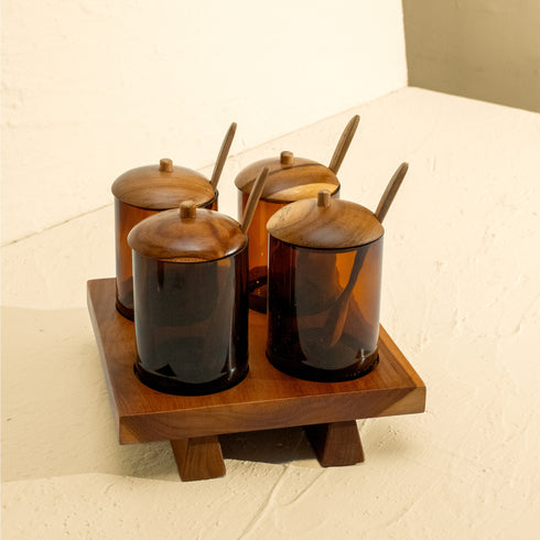 Condiment Containers with Wood Lids and Wooden Tray - Coastal Villa Homeware
