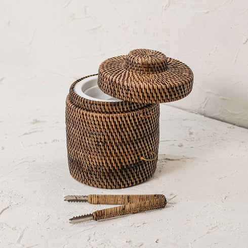 Rattan Insulated Ice Bucket with Tongs - 3 colours - Coastal Villa Homeware