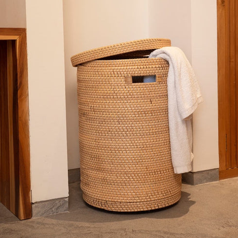 Rattan Woven Laundry Basket With Liner and Wheels Options - Coastal Villa Homeware