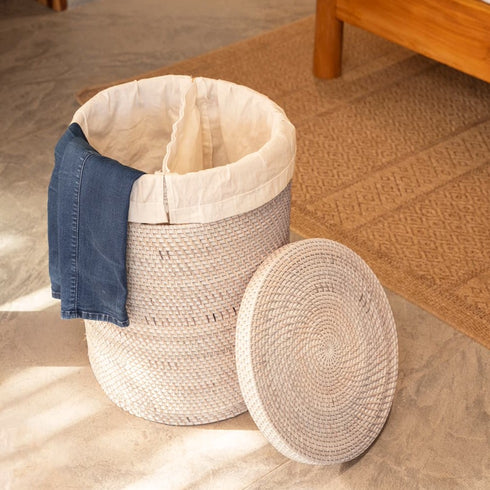 Rattan Woven Laundry Basket With Liner and Wheels Options - Coastal Villa Homeware