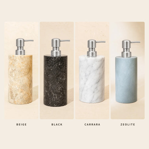 Marble soap dispensers in Beige, Black, Carrara and Zeolite stone with brushed silver metal pumps