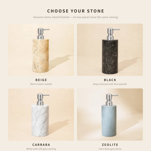 Choose your stone: Beige marble, Black marble, Carrara marble and Zeolite stone soap dispensers