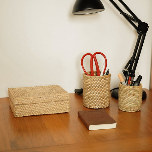 Rattan Pen Holder Set with Box - 5 Colours Available - Coastal Villa Homeware
