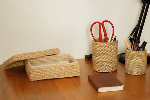 Rattan Pen Holder Set with Box - 5 Colours Available - Coastal Villa Homeware