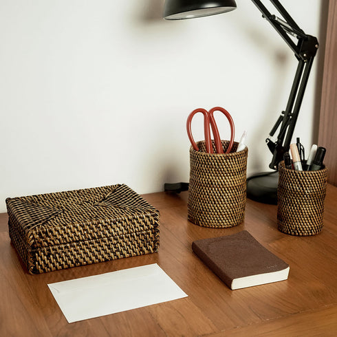 Rattan Pen Holder Set with Box - 5 Colours Available - Coastal Villa Homeware