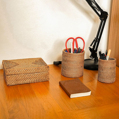 Rattan Pen Holder Set with Box - 5 Colours Available - Coastal Villa Homeware