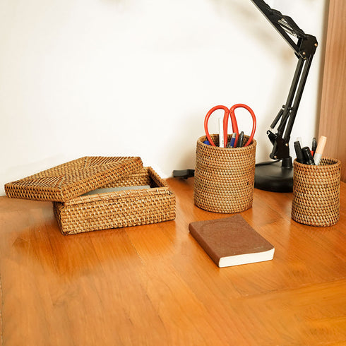 Rattan Pen Holder Set with Box - 5 Colours Available - Coastal Villa Homeware