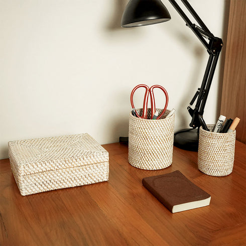 Rattan Pen Holder Set with Box - 5 Colours Available - Coastal Villa Homeware