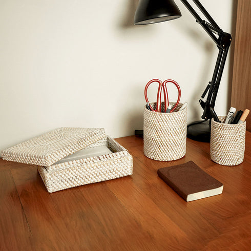 Rattan Pen Holder Set with Box - 5 Colours Available - Coastal Villa Homeware