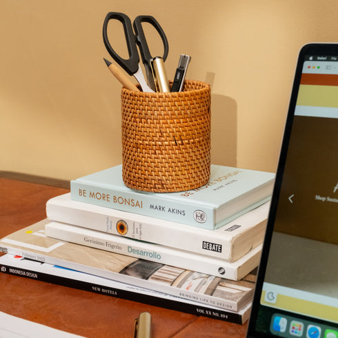 Pen and pencil holder rattan pot - Coastal Villa Homeware