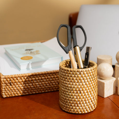Pen and pencil holder rattan pot - Coastal Villa Homeware