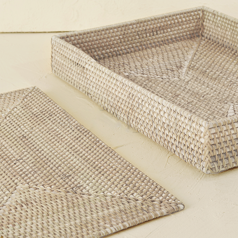 White wash rectangular rattan placemats with holder lifestyle