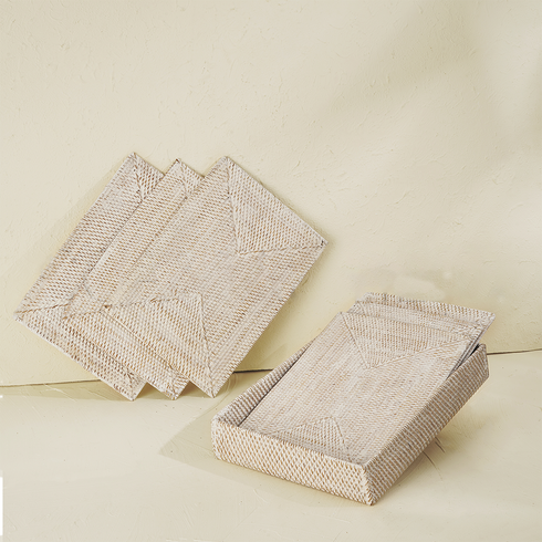 White wash rectangular rattan placemats with holder styled