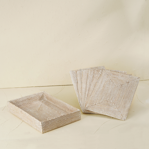 White wash rectangular rattan placemats with holder texture