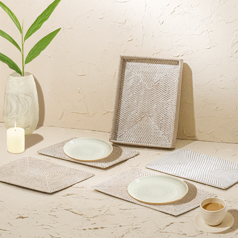 White wash rectangular rattan placemats with holder close up