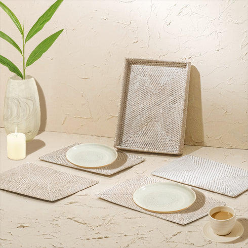 Rectangular Placemats with Holder - White Wash - Coastal Villa Homeware