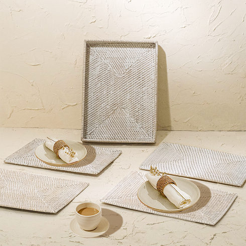White wash rectangular rattan placemats with holder set