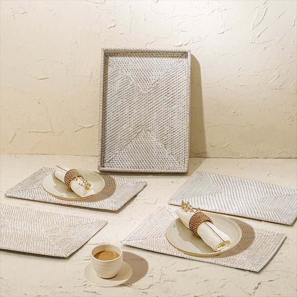 Rectangular Placemats with Holder - White Wash - Coastal Villa Homeware