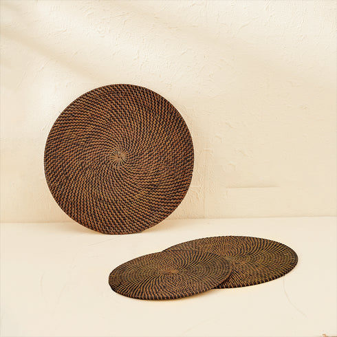 Round Rattan Placemat with Holder - Dark Brown - Coastal Villa Homeware