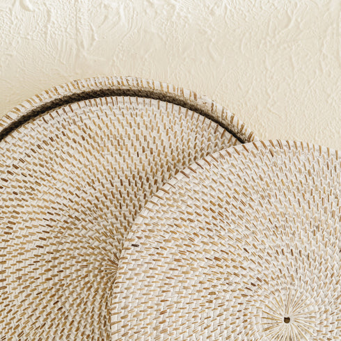 White wash round rattan placemats with holder lifestyle