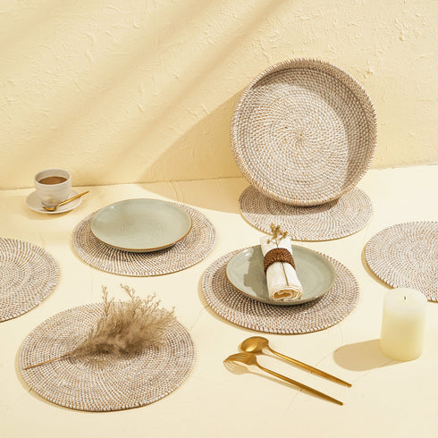 White wash round rattan placemats with holder set