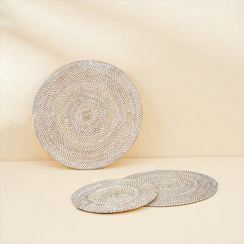 Round Rattan Placemat with Holder - White Wash - Coastal Villa Homeware