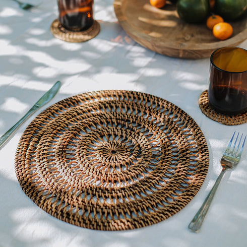 Spiral Rattan woven Placemats with holder - Dark Brown - Coastal Villa Homeware