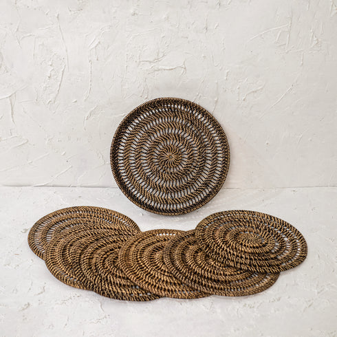 Spiral Rattan woven Placemats with holder - Dark Brown - Coastal Villa Homeware